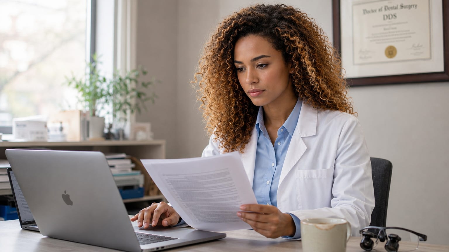 Dentist reviewing a dental employment contract