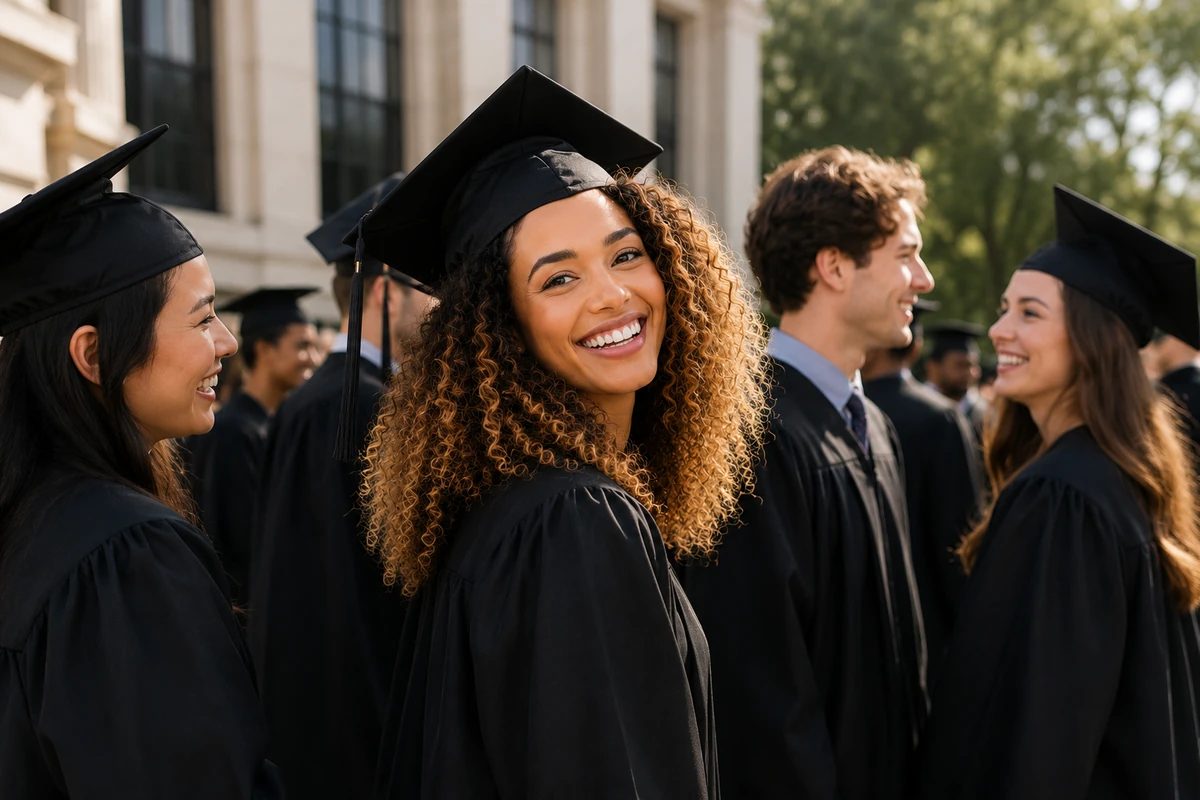 New dental school graduate in cap and gown at commencement
