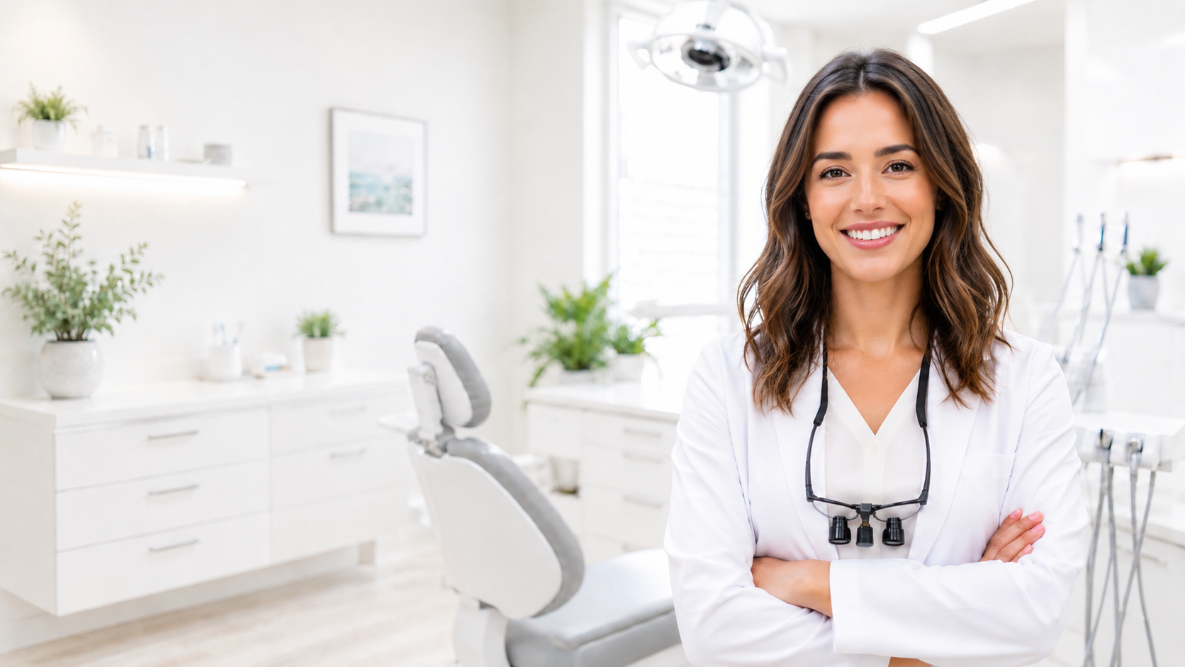 Confident dental associate smiling in a bright, modern dental office
