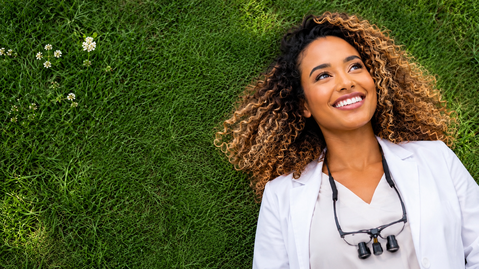 Smiling dentist lying in green grass, relaxed after work — work-life balance for dental associates