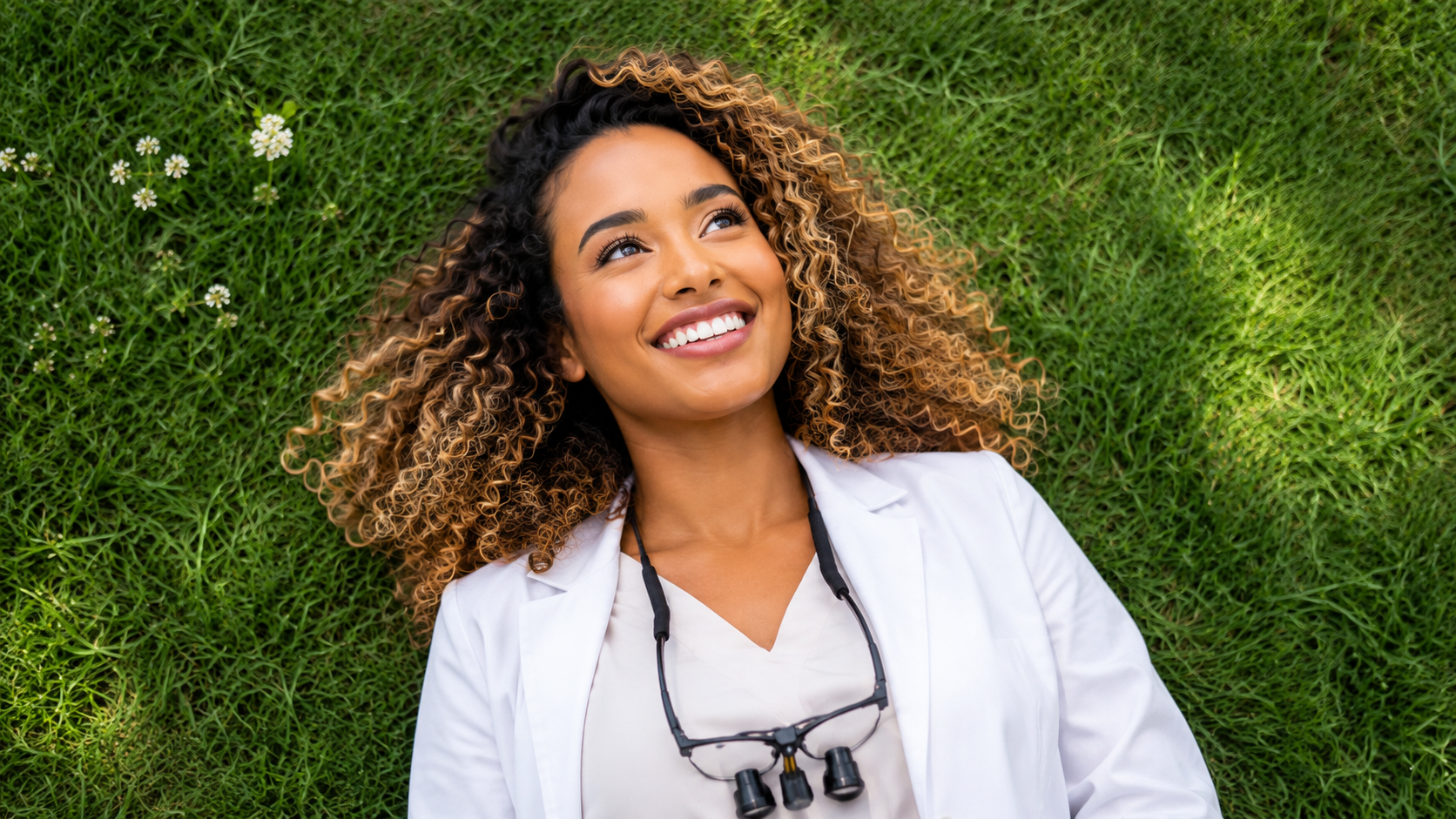 Smiling dentist lying in green grass, relaxed after work — work-life balance for dental associates